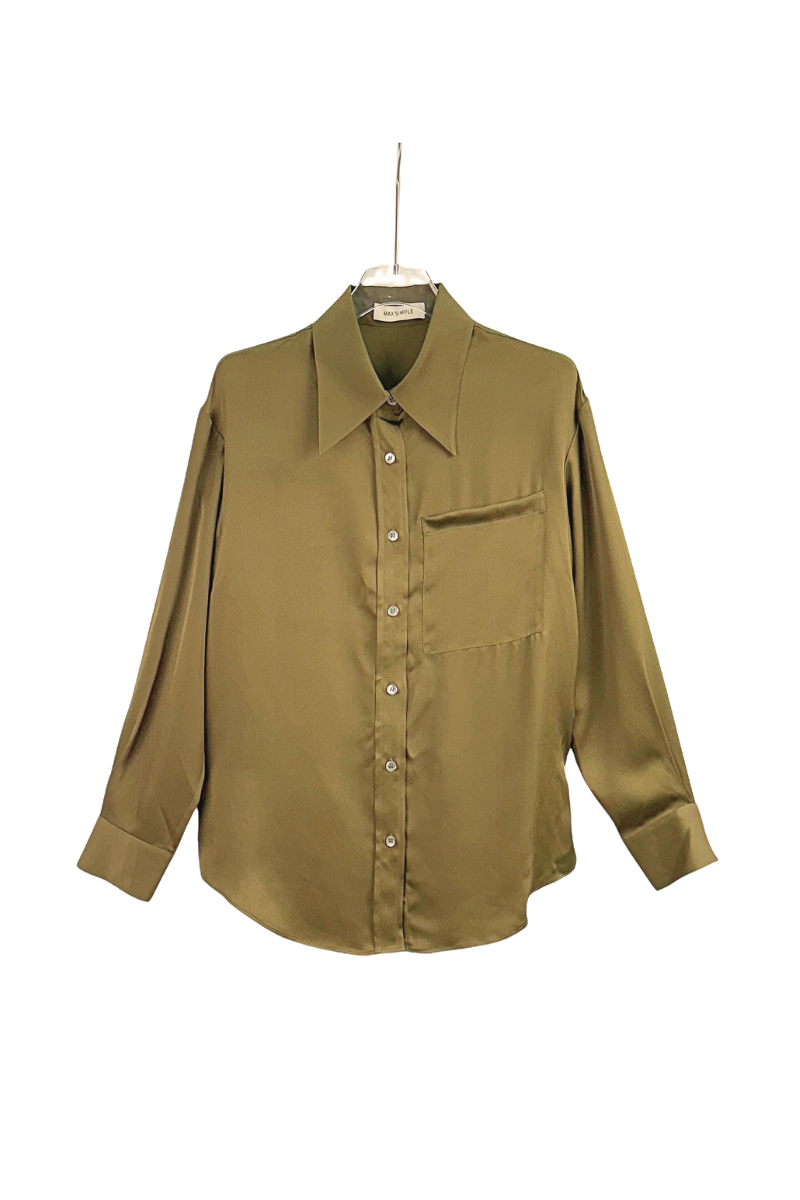 Max Simple Relaxed Satin Blouse Olive