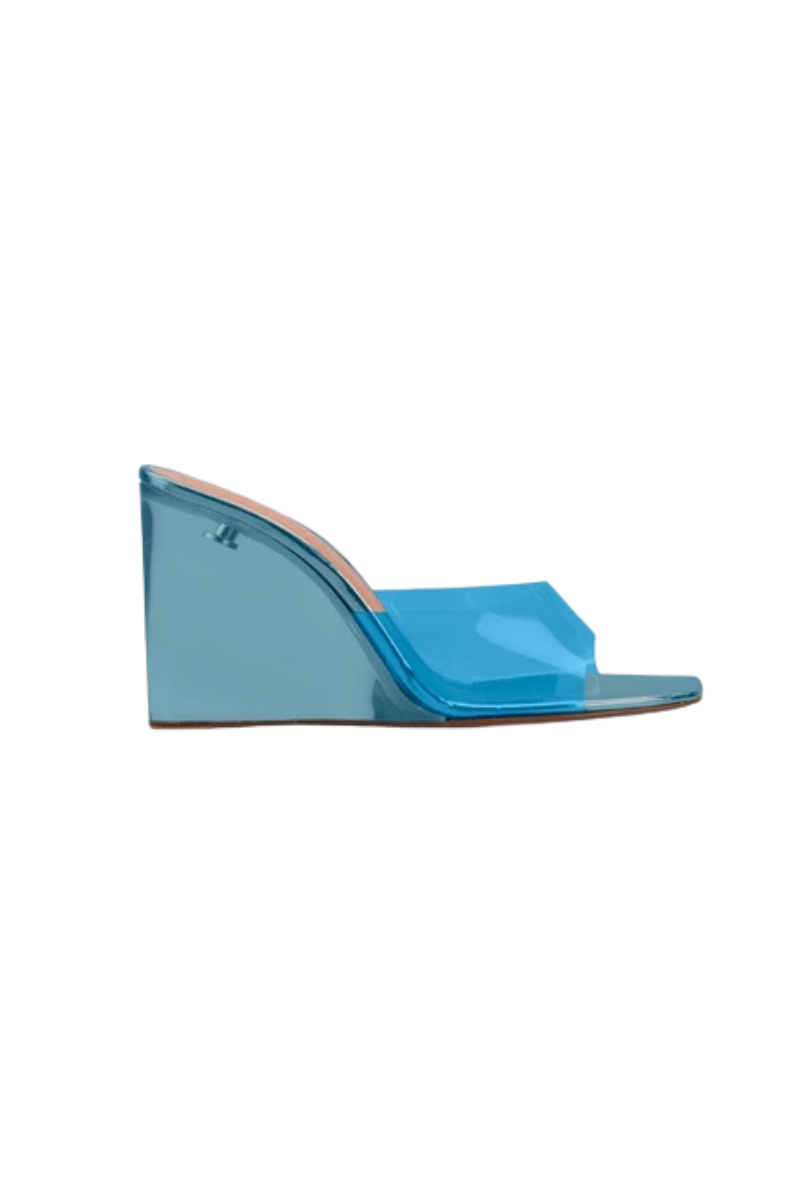Amina Muaddi Lupita Glass Square Toe PVC Wedge Sandals - Blue