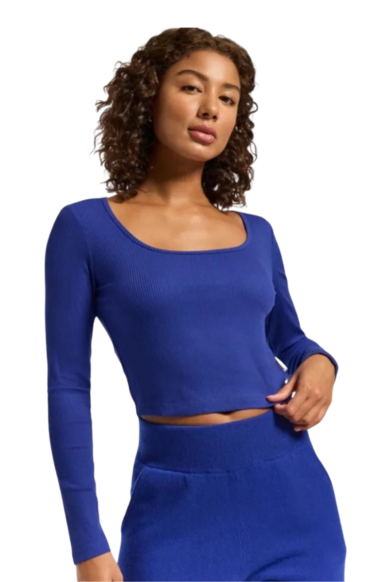 Bandier Rivington Ribbed L/S Scoop Neck Crop Top Dazzling Blue BW202204