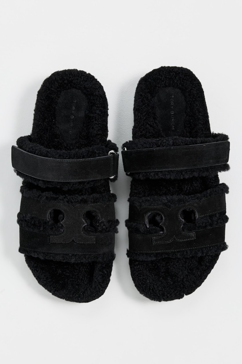 Tory Burch Ines Shearling Sport Slides in Black