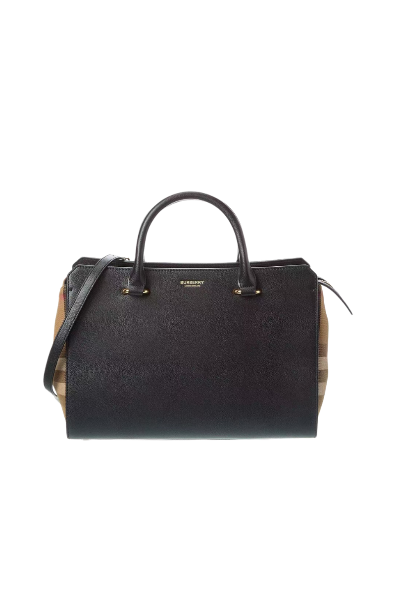 Burberry Banwell Check Canvas and Leather Tote Bag In Black