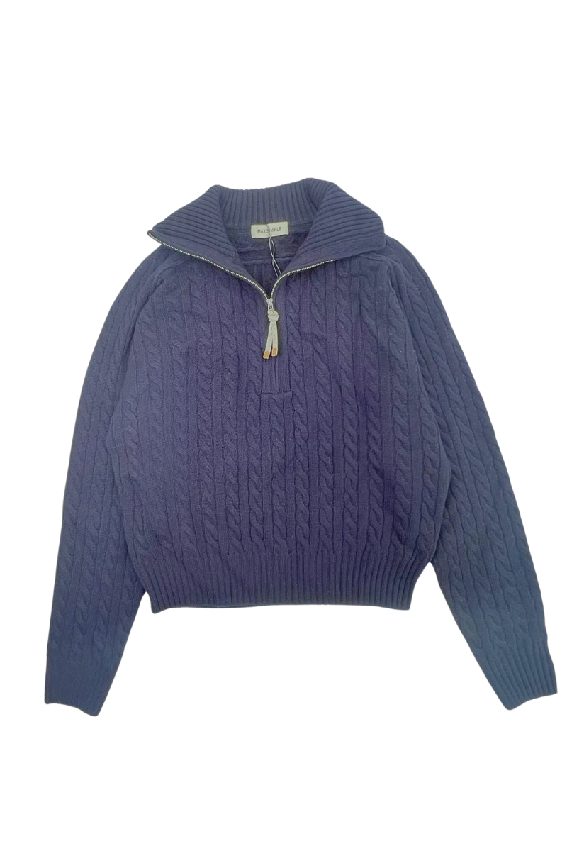 Max Simple Cable Knit Quarter Zip Wool Sweater_Navy