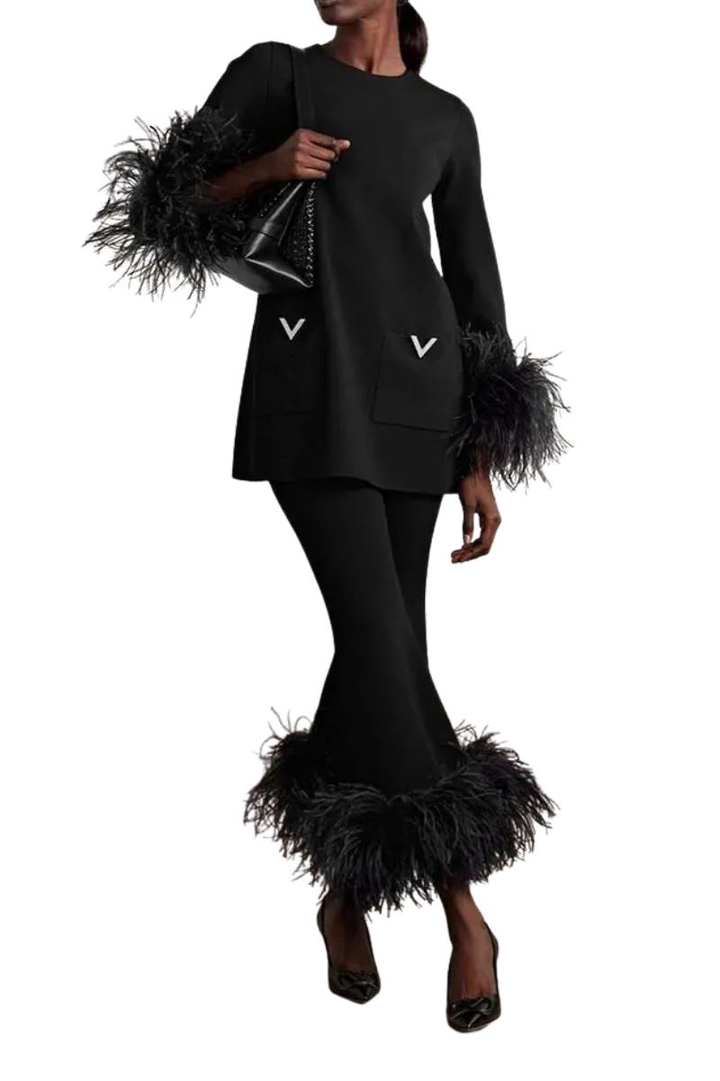 Valentino Women¡¯S Cropped Feather-Trimmed Knitted Flared Pants Nero 4B3KF01N8F0_0NO