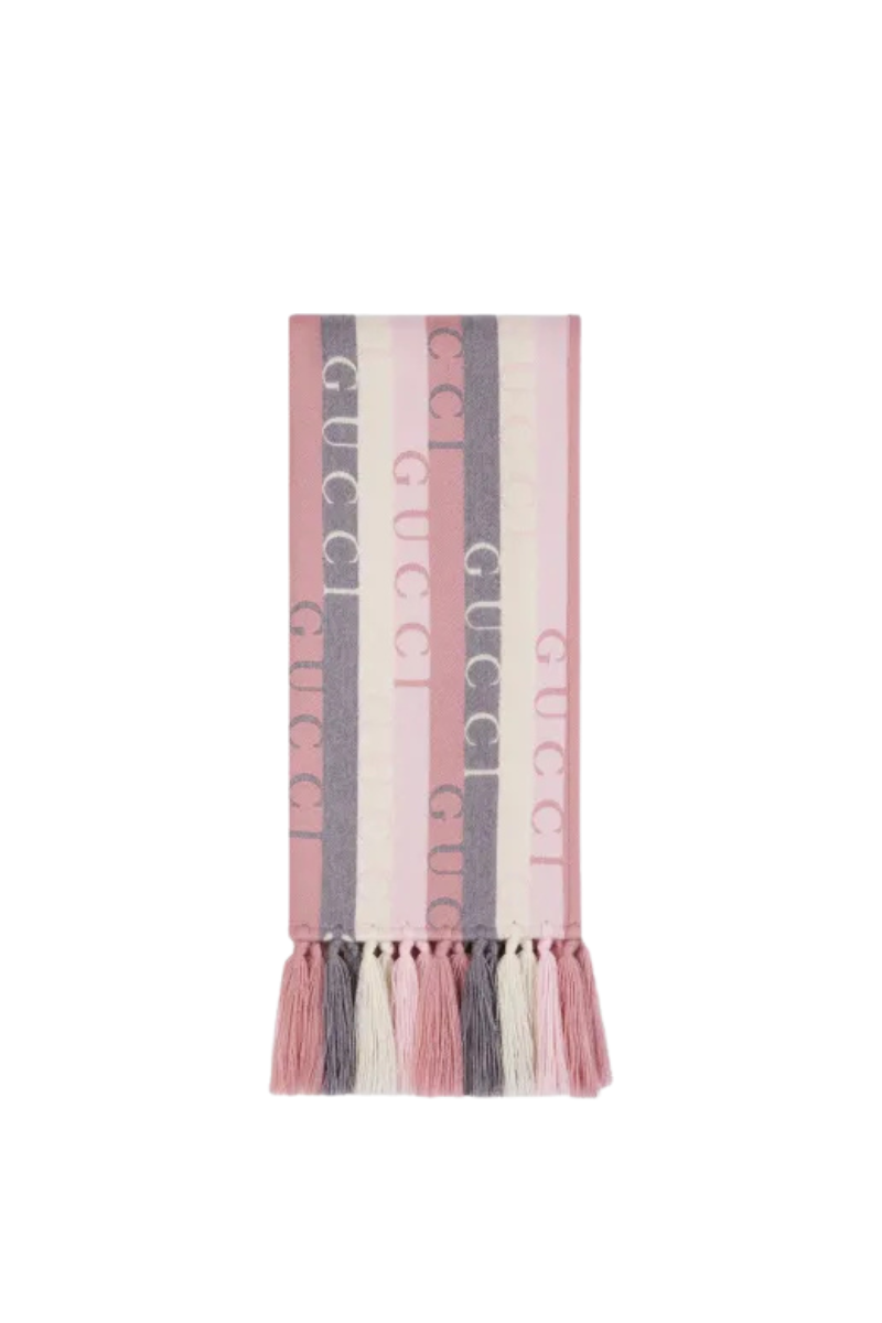 Gucci Wool Striped GG Logo Scarf Cream & Grey