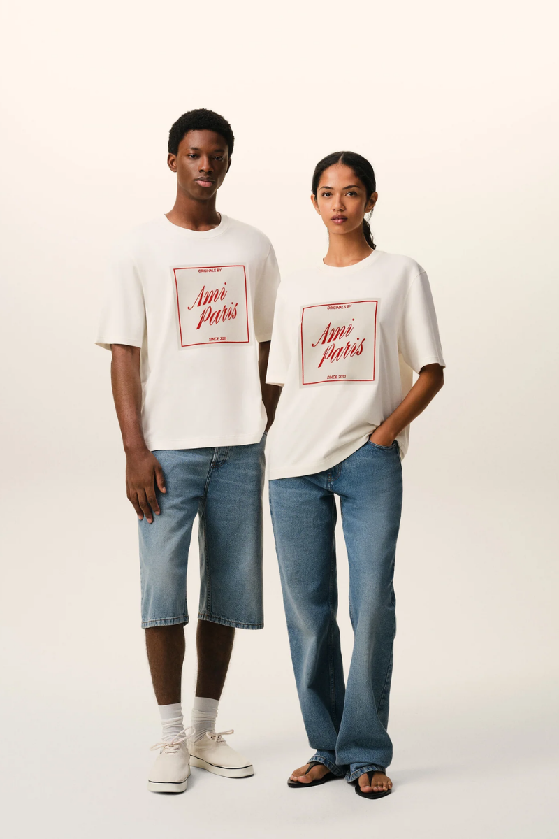Ami Paris Heritage Print Short Sleeves T-Shirt In Thick Cotton-White