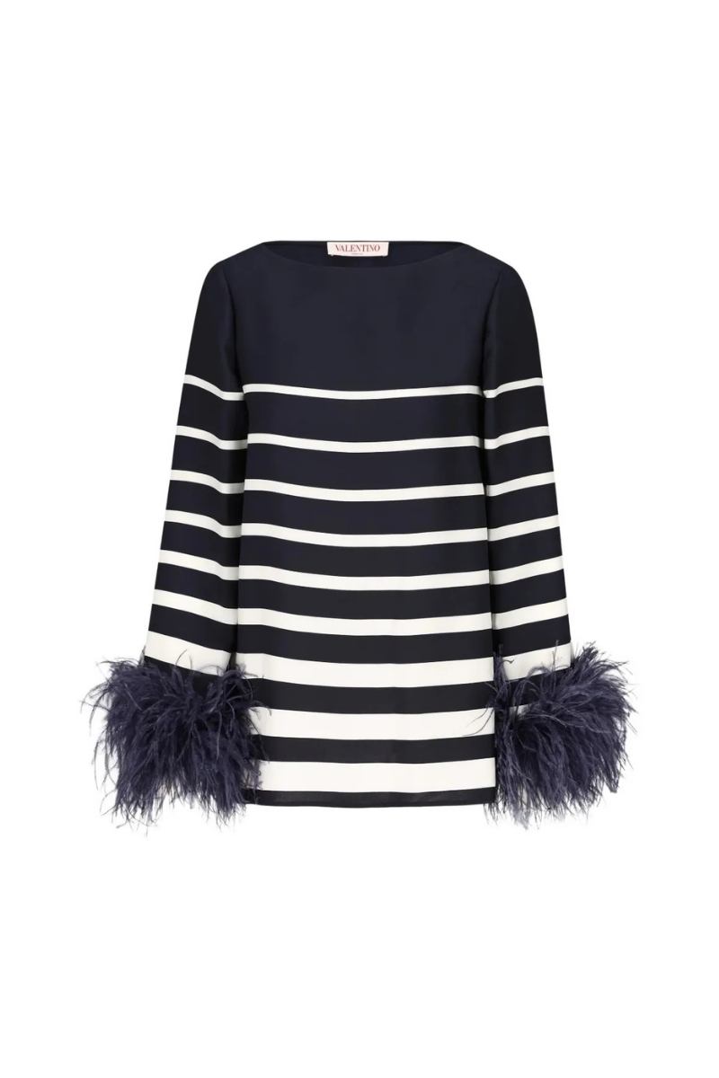 Valentino Garavani Striped Feather-trimmed Blouse