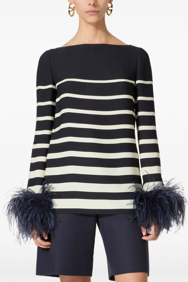 Valentino Garavani Striped Feather-trimmed Blouse