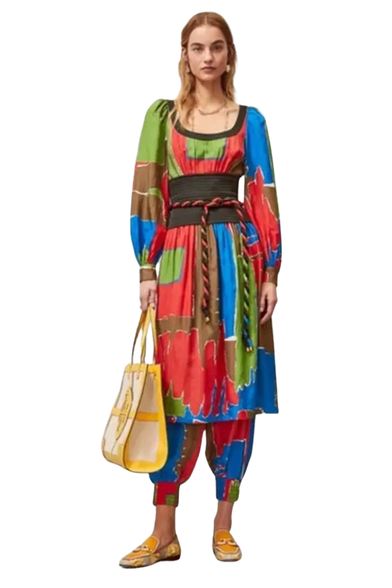 Tory Burch Printed Tie Waist Dress Painted Geo Midi Silk Long Sleeve