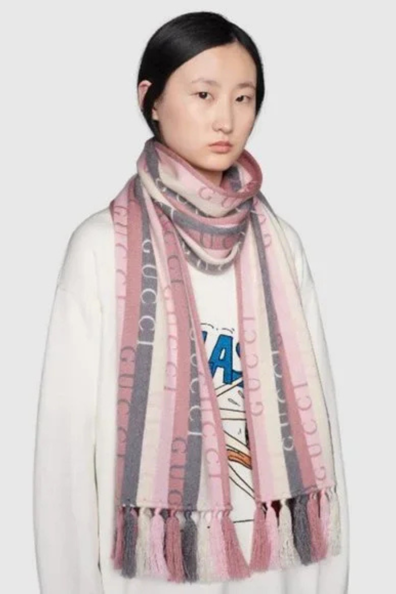 Gucci Wool Striped GG Logo Scarf Cream & Grey