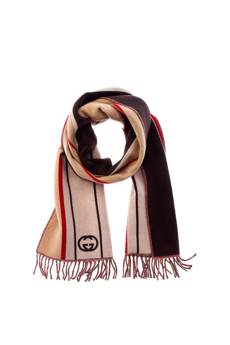 Gucci Interlocking G Striped Fringed Wool Cashmere Blend Scarf - Beige