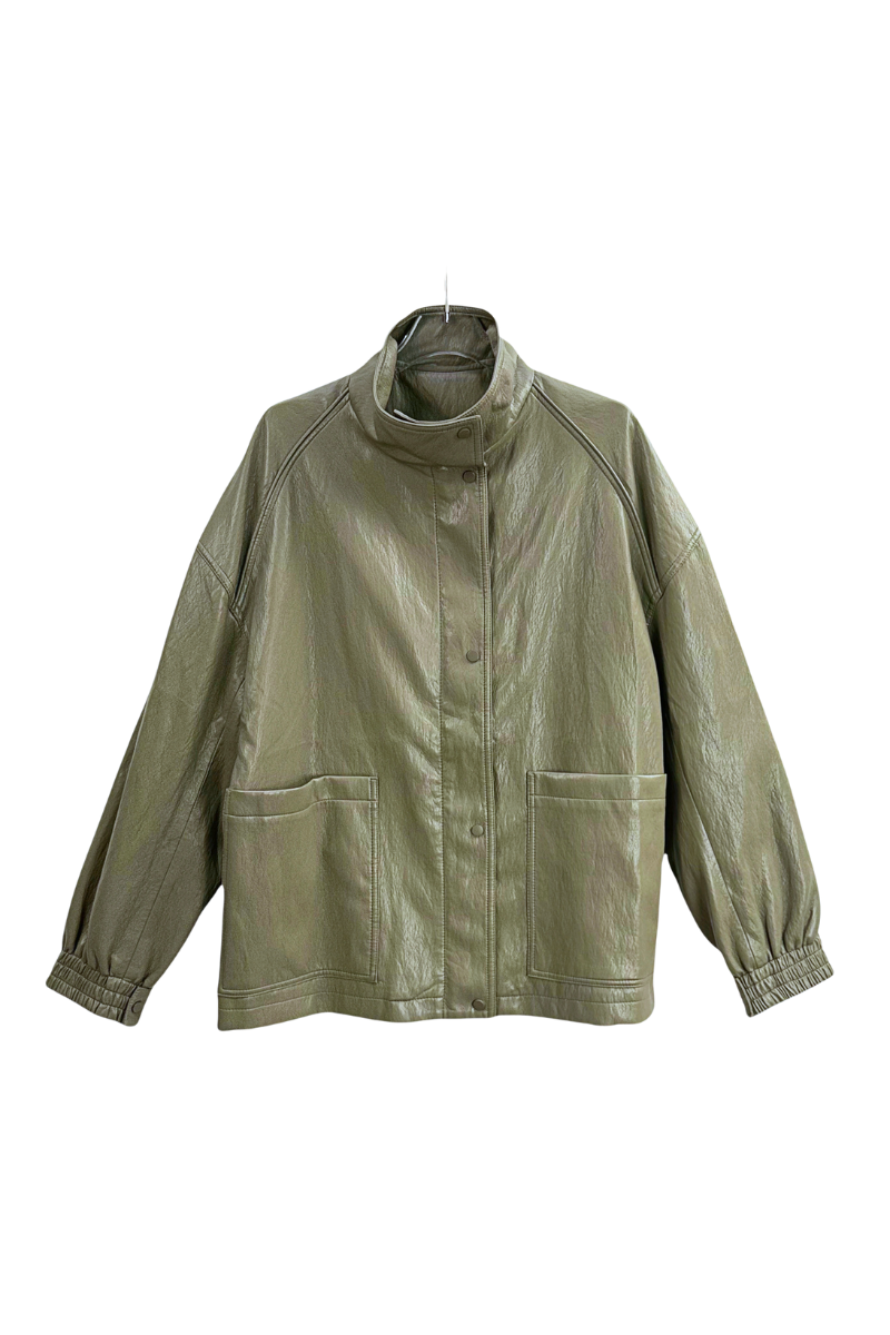 Max Simple Vegan Leather Moto  Jacket Olive Green
