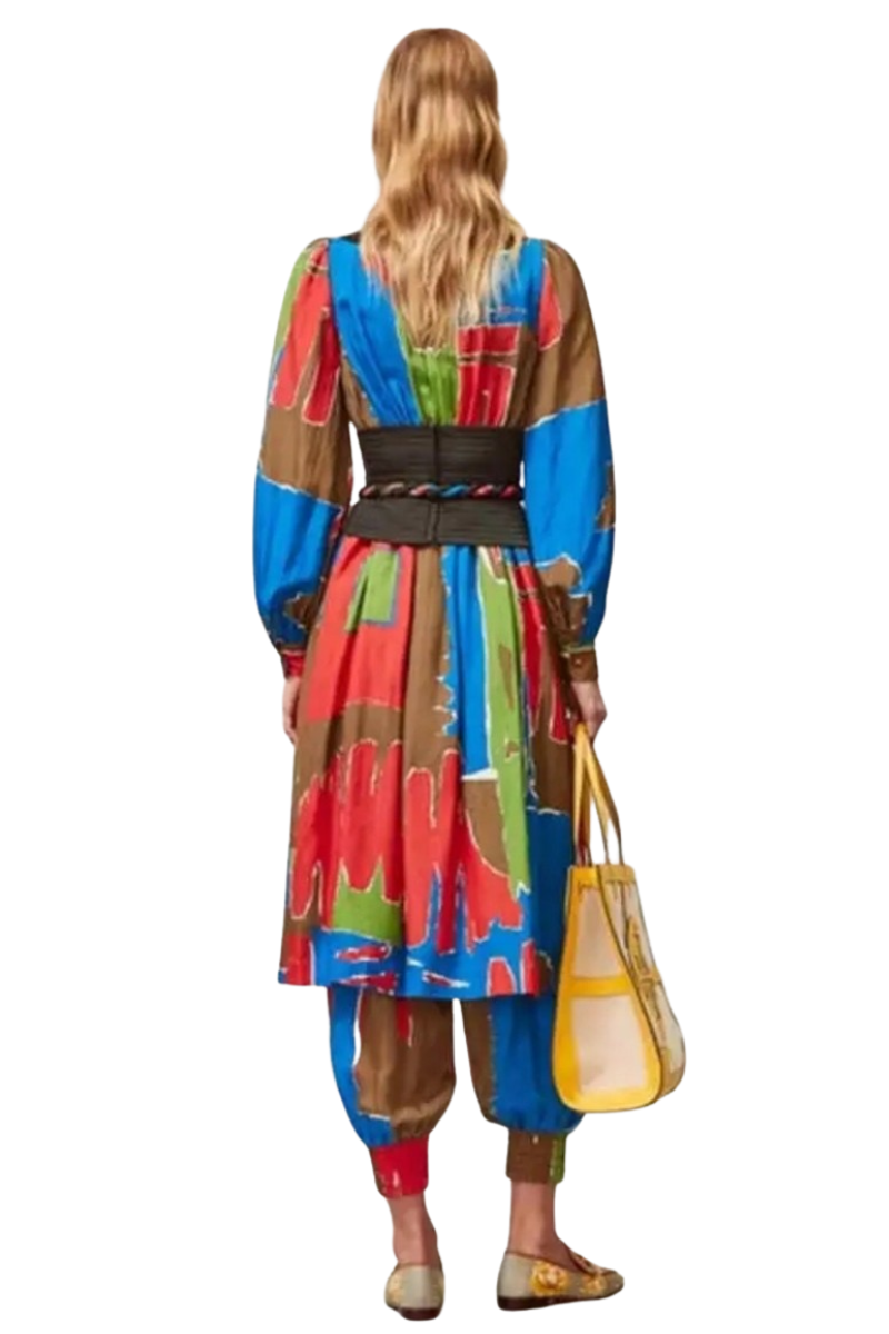 Tory Burch Printed Tie Waist Dress Painted Geo Midi Silk Long Sleeve