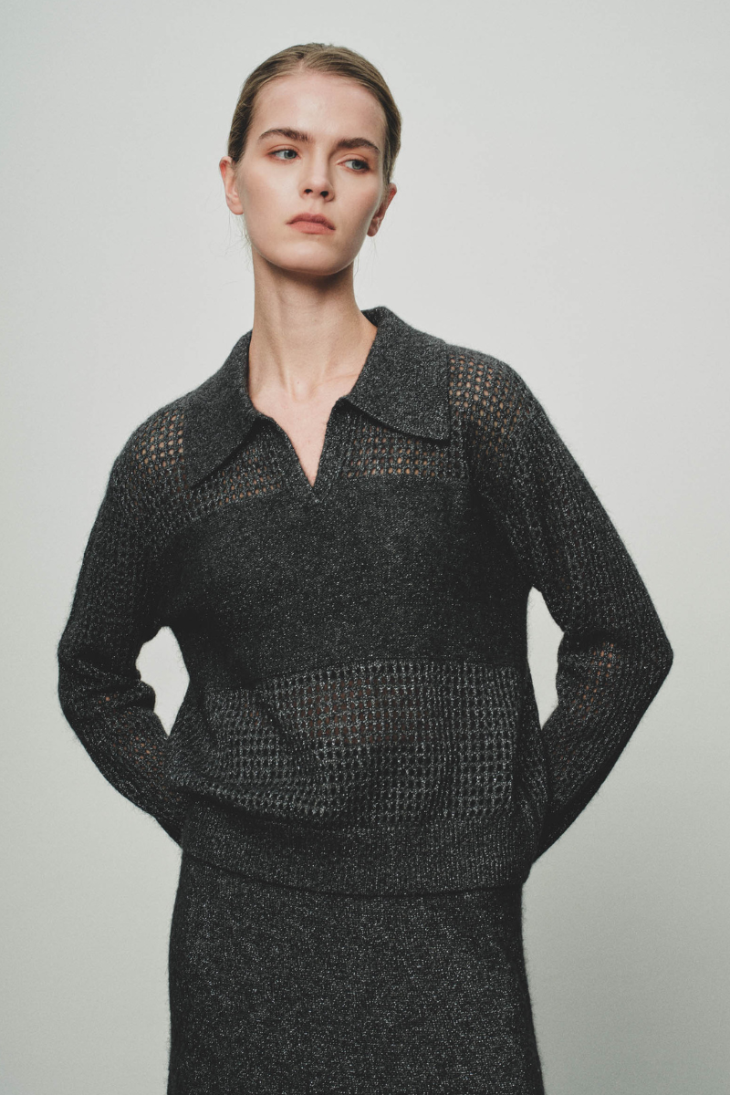 Max Simple Lurex-Openwork Polo Knit Charcoal MSYY265099C
