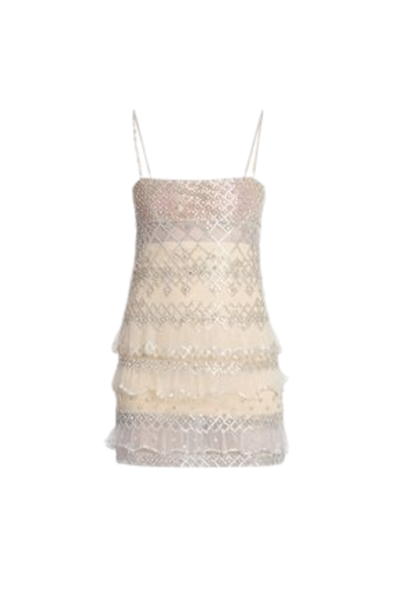Valentino Tiered Crystal-Embroidered Dress Avorio/Silver 1B3VAZK51ED_U48