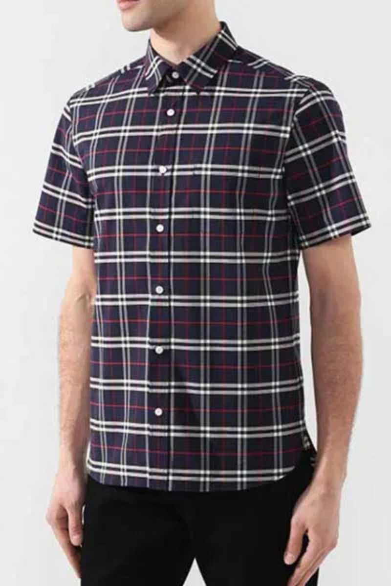 Burberry Men's  Check Stretch Cotton Shirt - Navy