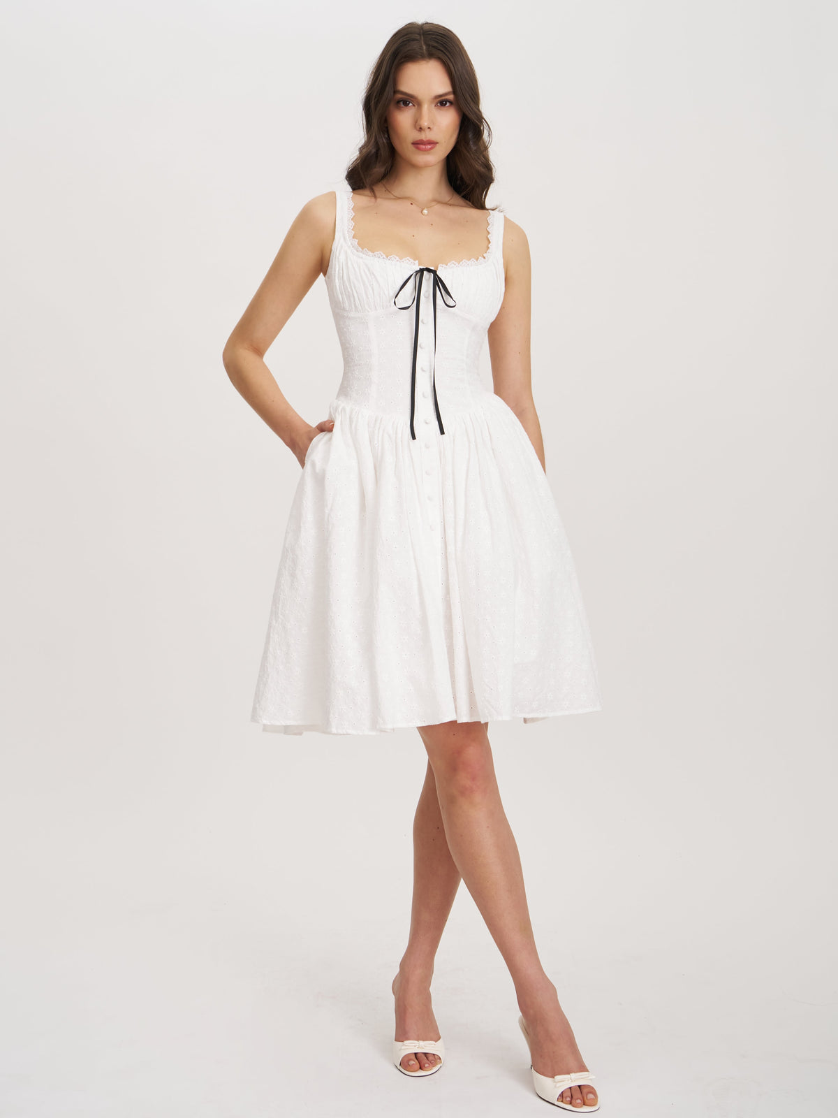 Madison White Cotton Eyelet Square Neck Midi Dress