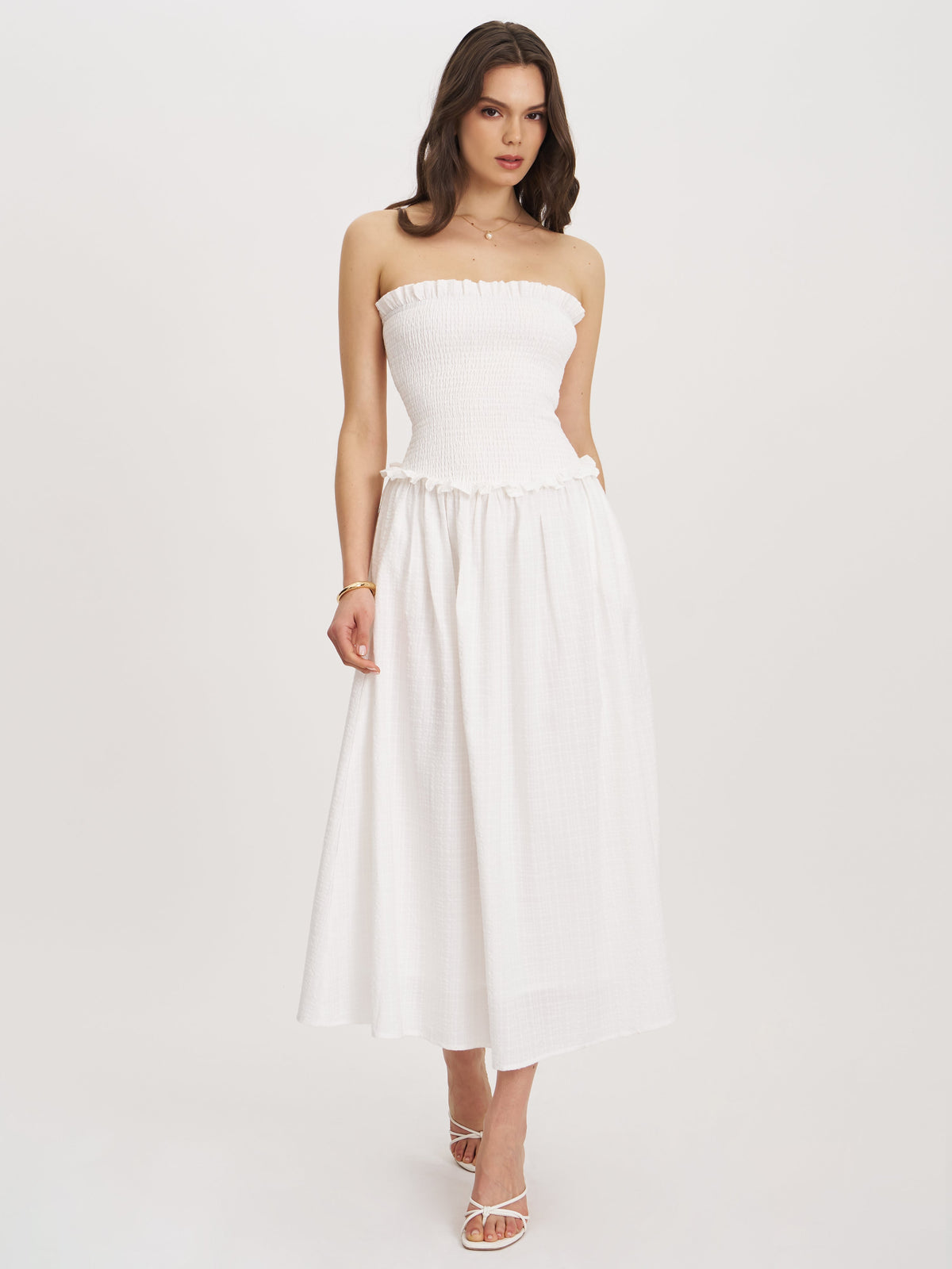 Quadiya White Cotton Seersucker Smocked Strapless Midi Dress