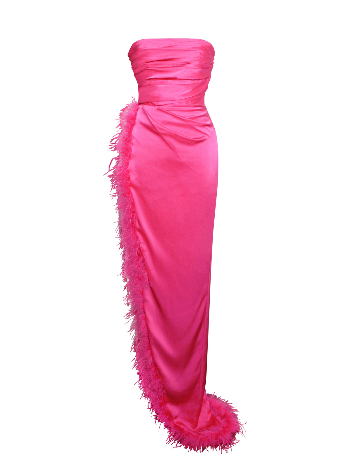 Perrin Fuchsia Pink Feather Dress High Slit Gown (Archive Sale)