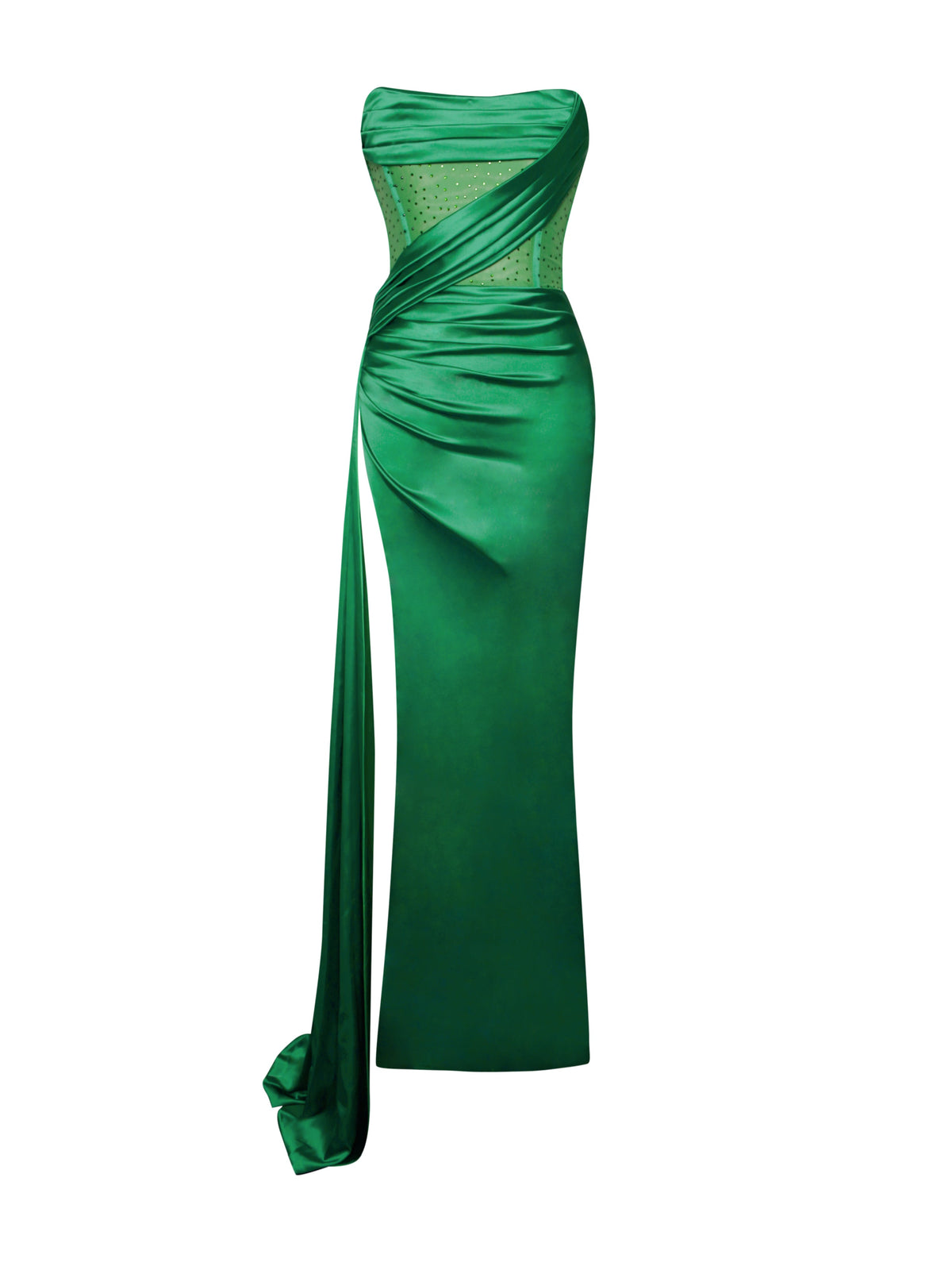 Holly Green Crystallized Corset High Slit Satin Gown (Archive Sale)
