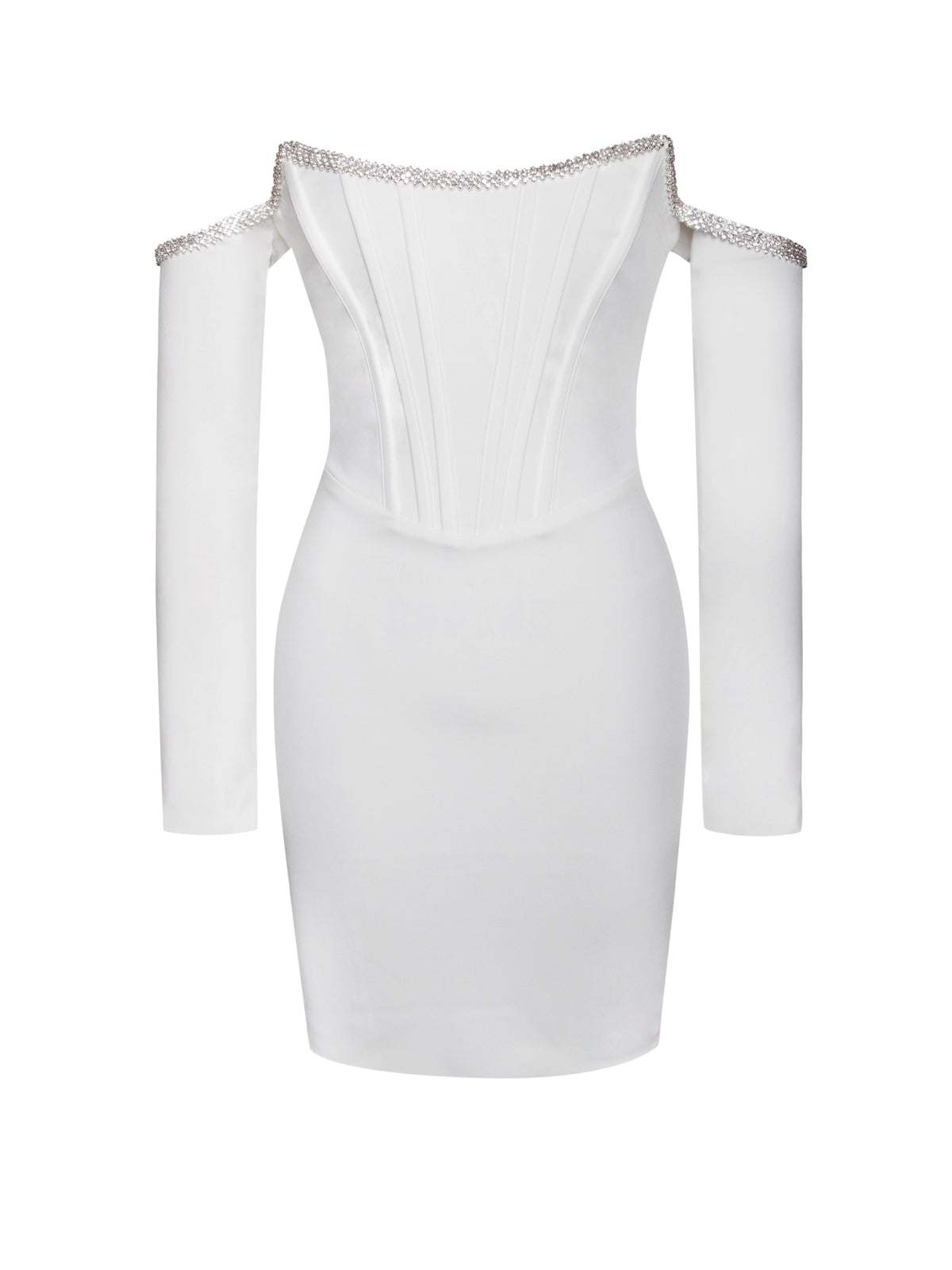 Annika White Off Shoulder Long Sleeve Corset Dress With Crystal Trim (Archive Sale)