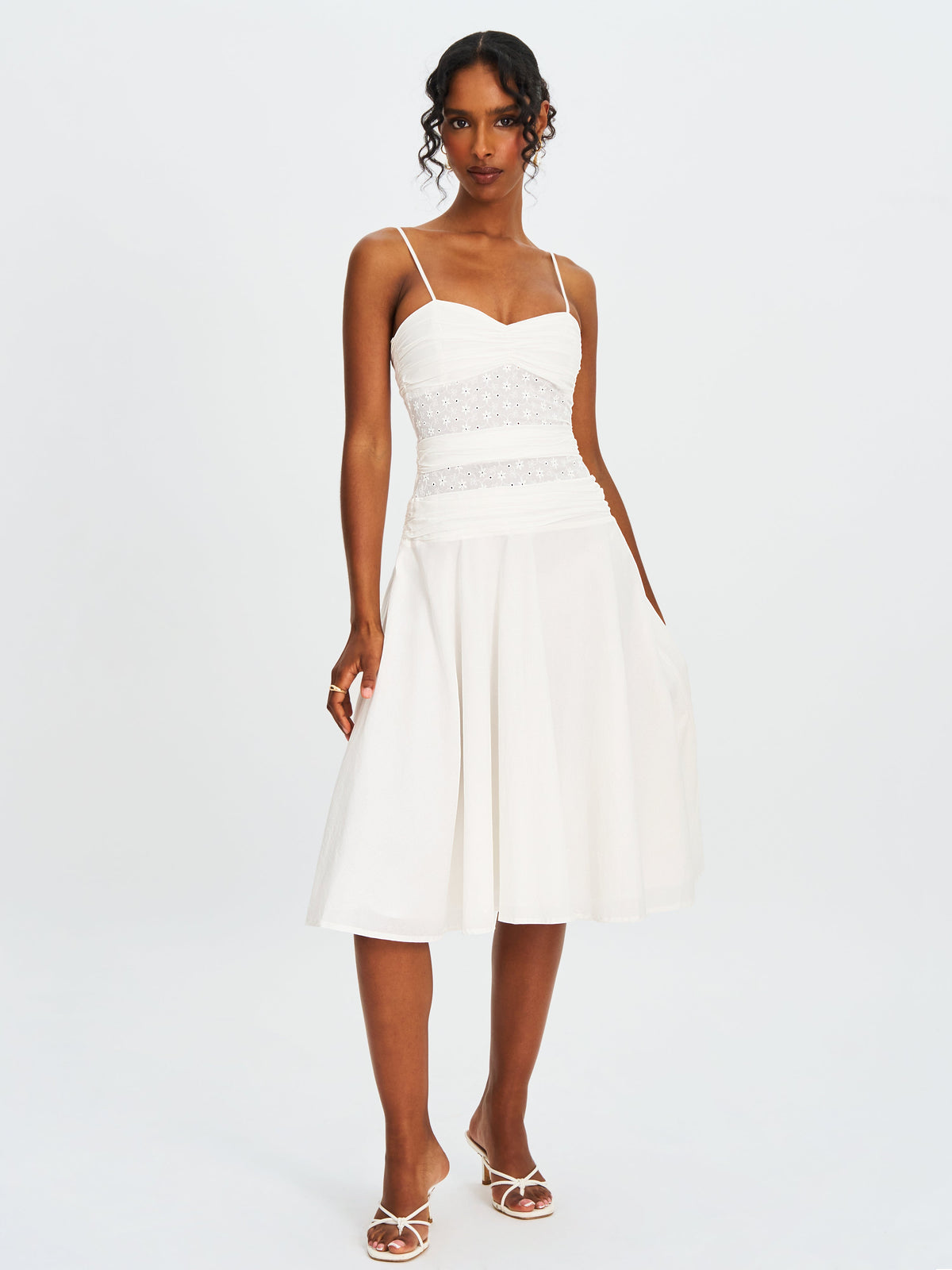 Maelis White Cotton Eyelet Drop Waist Midi Dress