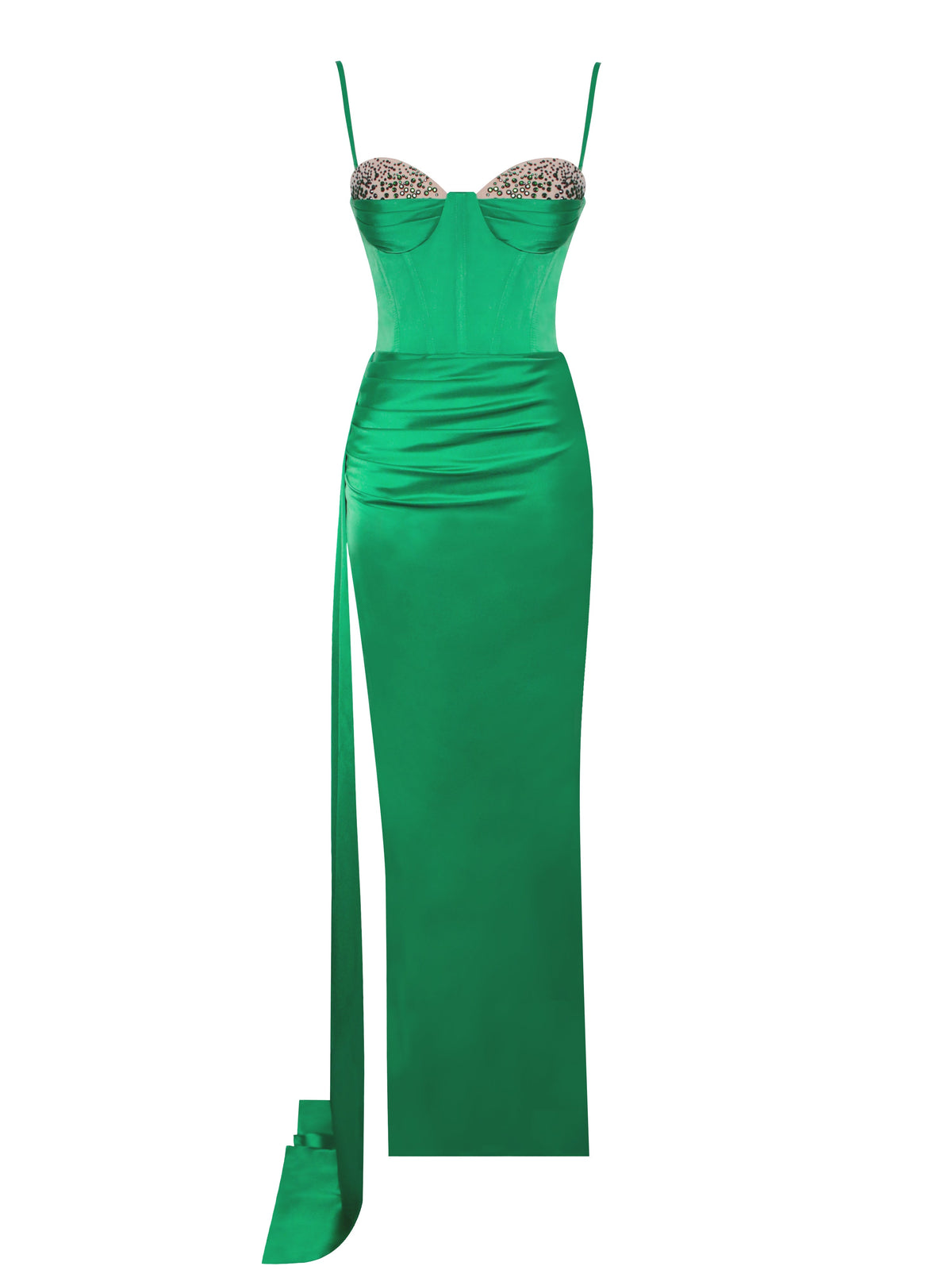 Vanity Green Satin High Slit Draping Corset Gown With Crystals (Archive Sale)
