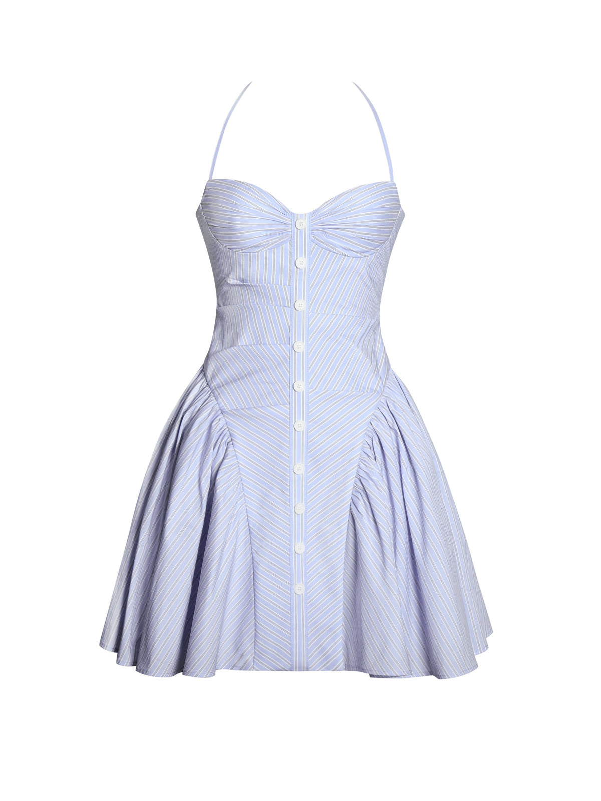 Melody Baby Blue Cotton Poplin Stripe Halter Drop Waist Mini Dress