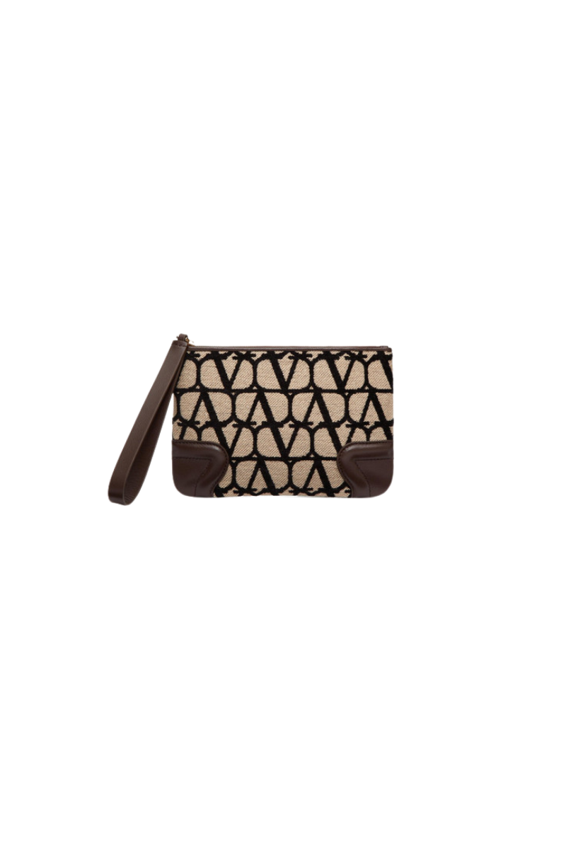 Valentino Garavani Toile Iconographe Canvas and Leather Pouch In Black