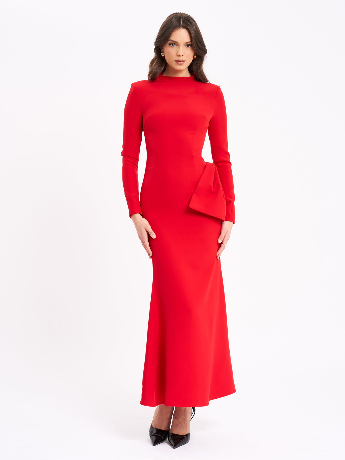 Radha Red Backless Longsleeve Maxi Dress with Bow (Archive Sale)