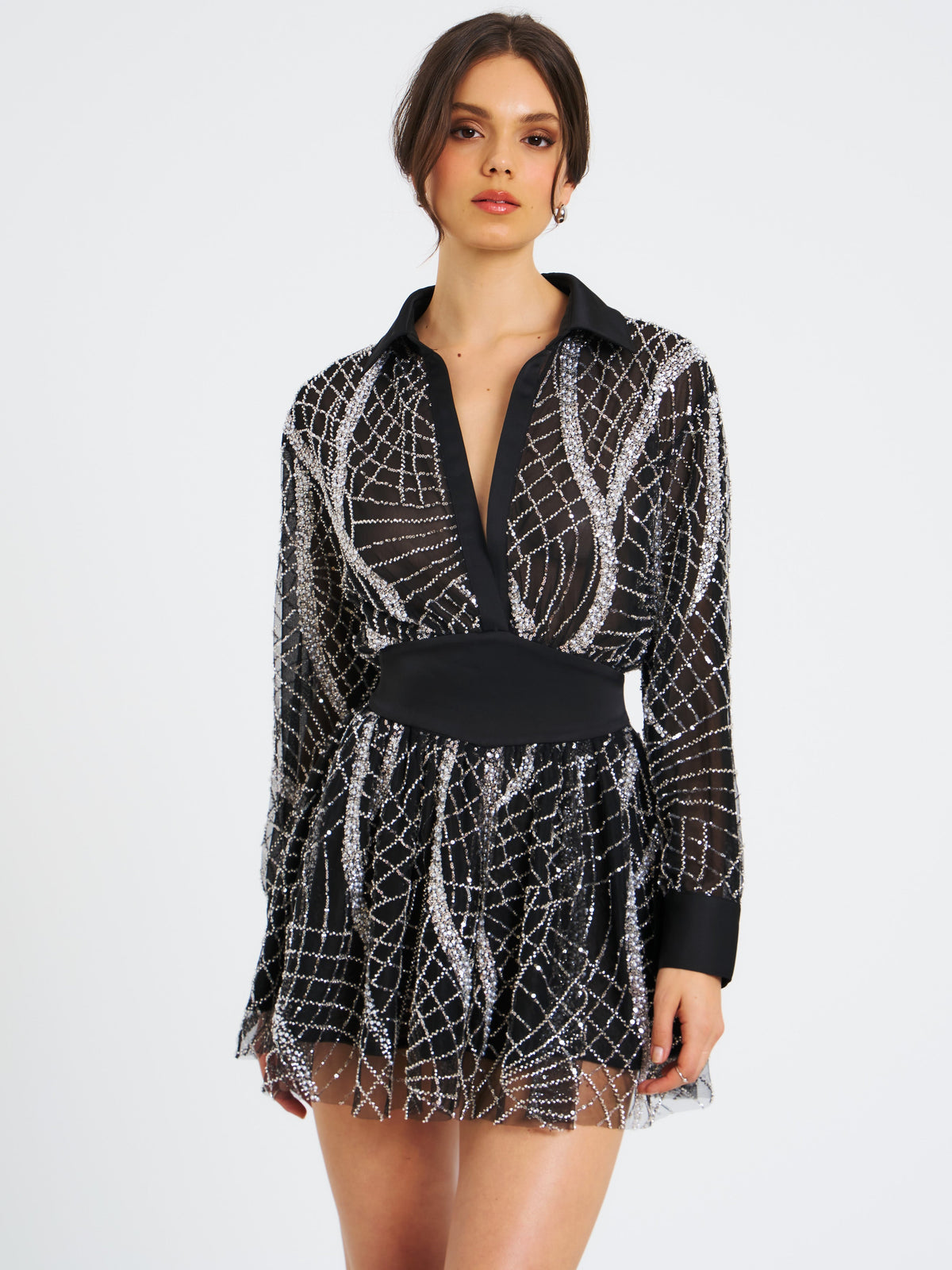 Rachelle Black Embroidered Mesh Mini Shirt Dress (Archive Sale)