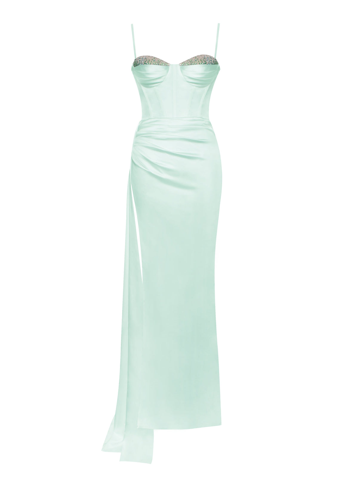 Vanity Mint Satin High Slit Draping Corset Gown With Crystals (Archive Sale)
