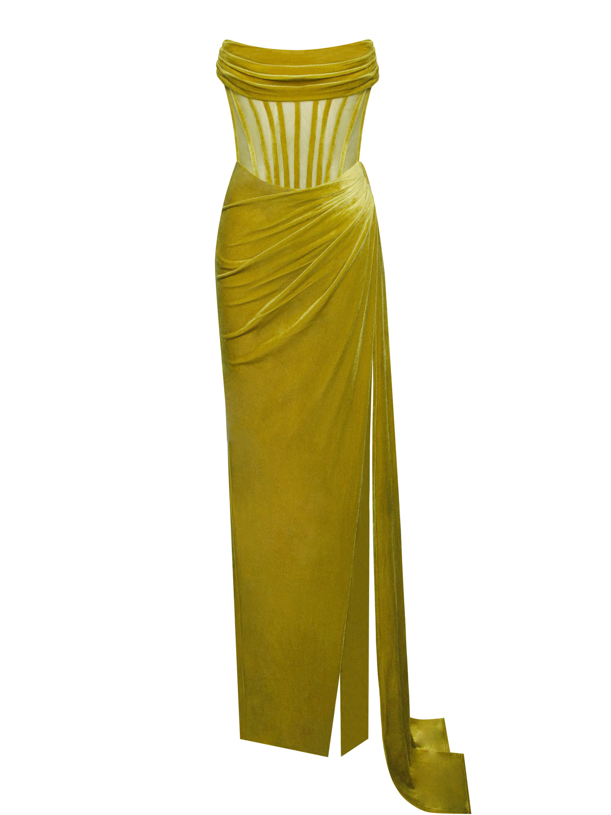 Priya Gold Draping Corset High Slit Velvet Gown (Archive Sale)
