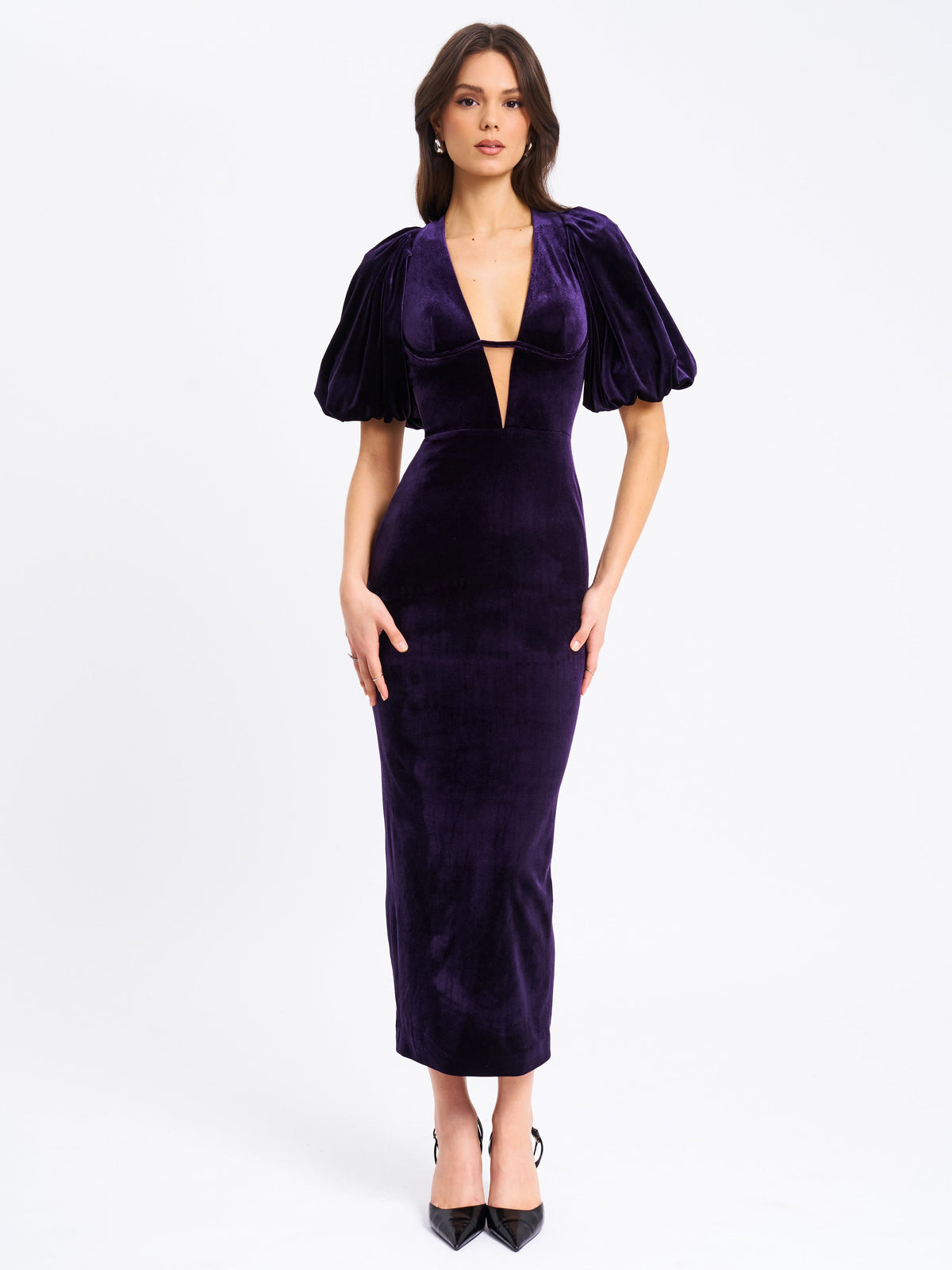 Coraline Purple Velvet Bubble Sleeve Backless Maxi Dress (Archive Sale)