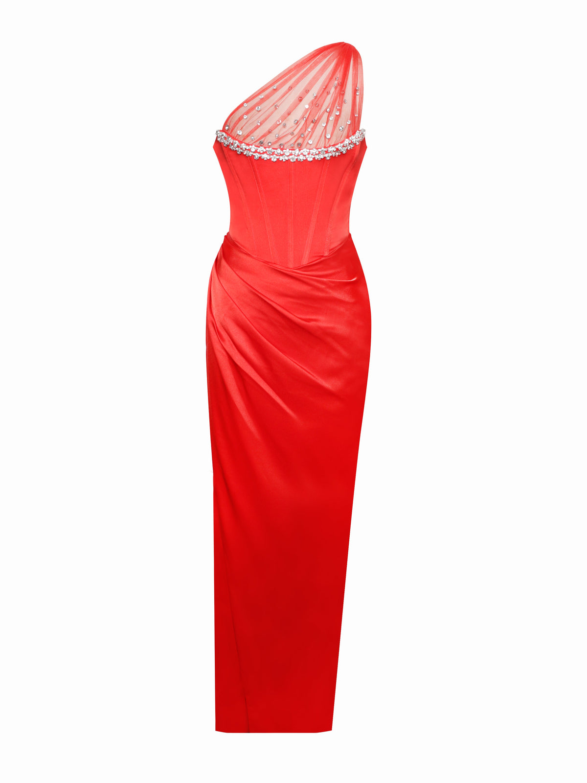 Lora Scarlet Crystal Embellished Mesh Satin Corset Gown (Archive Sale)