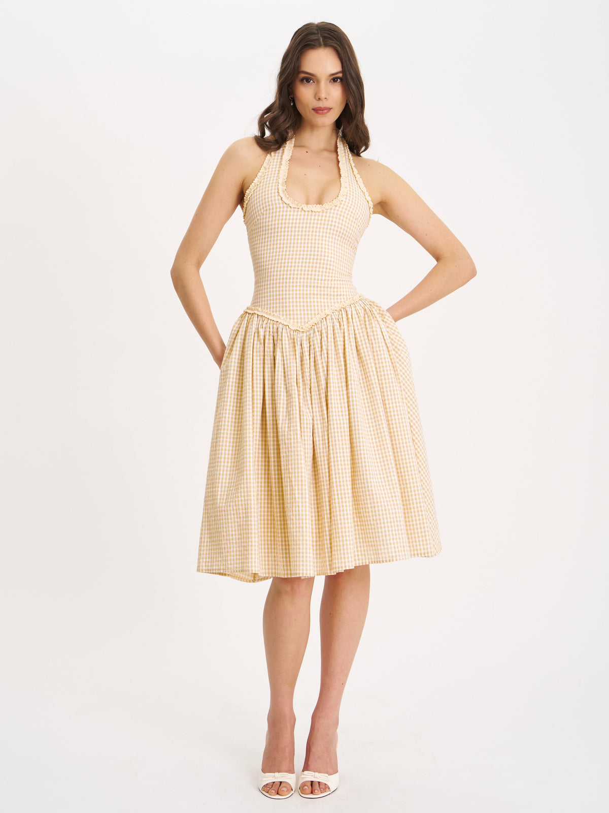 Idella Yellow Gingham U Neck Midi Dress (Archive Sale)