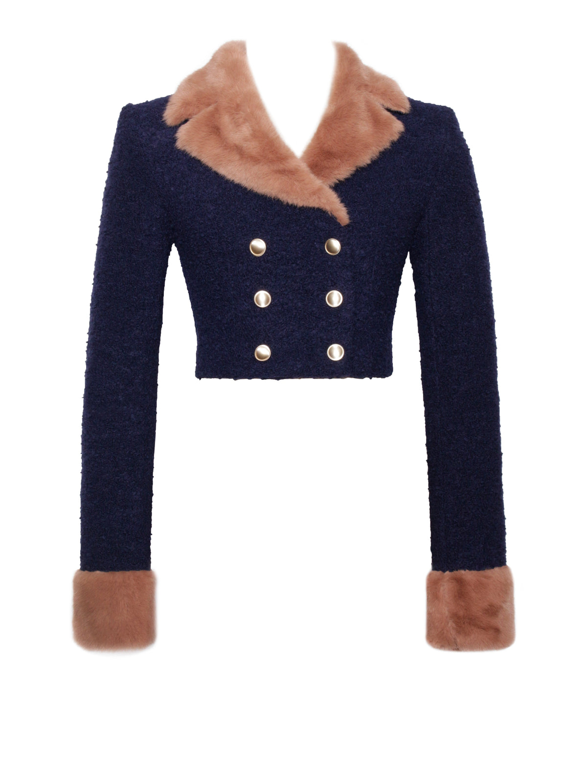 Wava Navy Blue Double Breast Fur Trim Cropped Boucle Wool Jacket (Archive Sale)