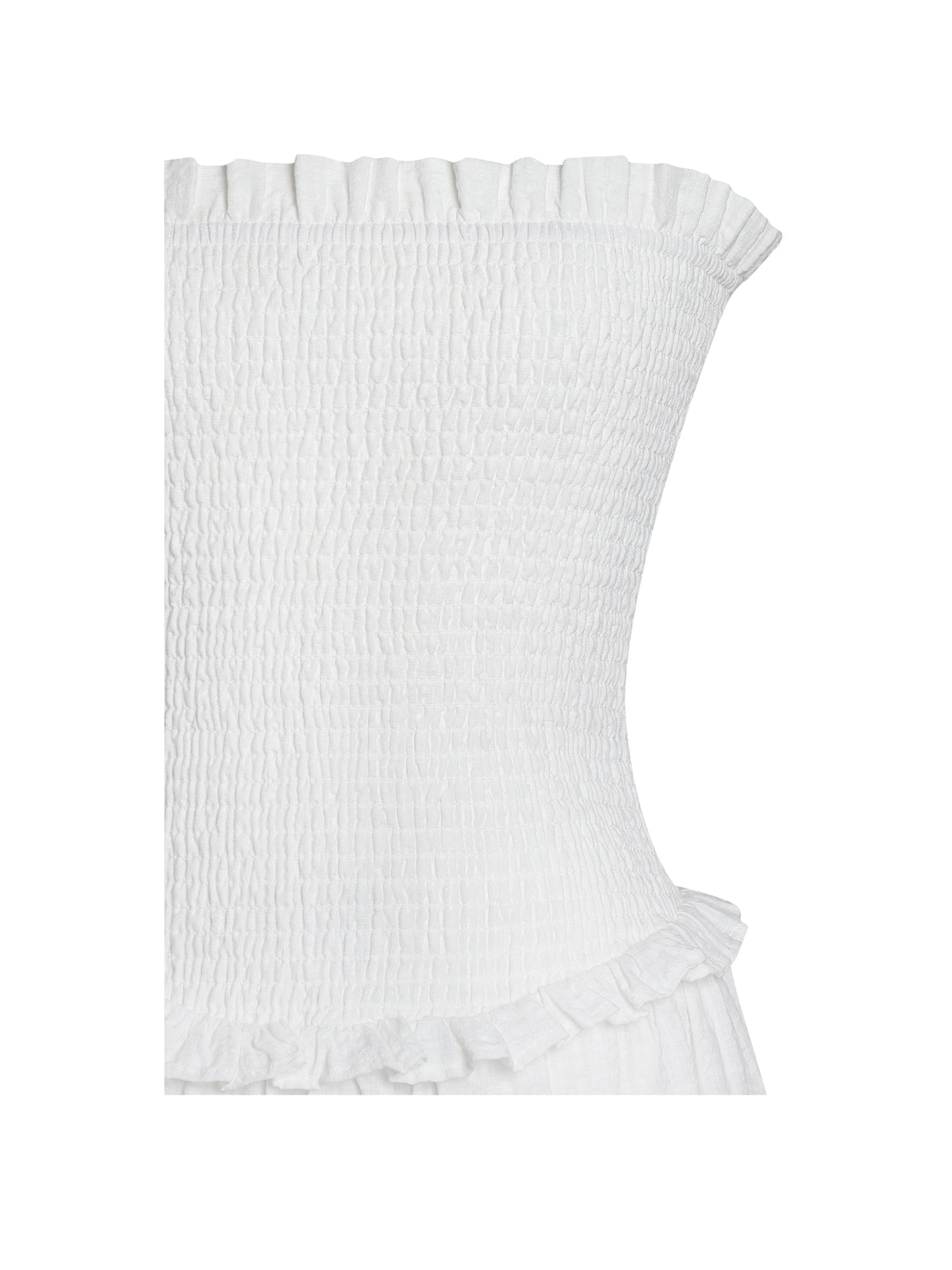 Quadiya White Cotton Seersucker Smocked Strapless Midi Dress