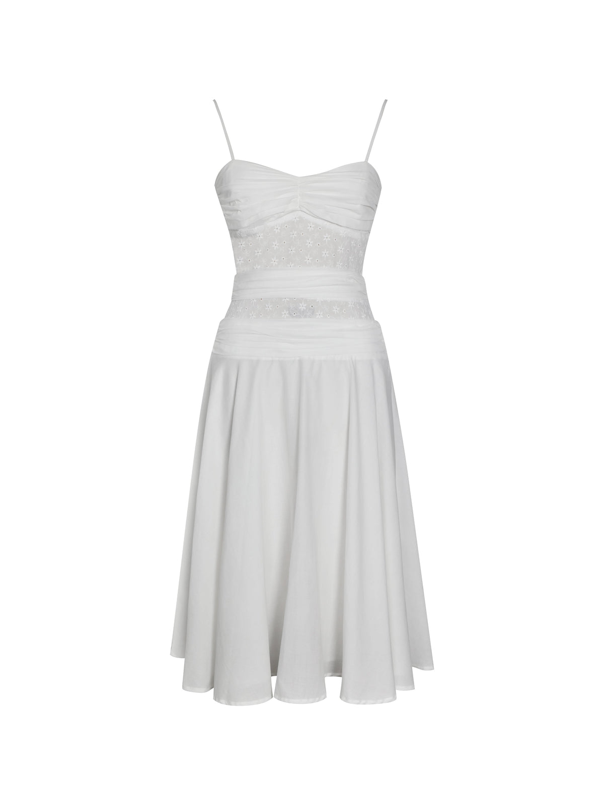 Maelis White Cotton Eyelet Drop Waist Midi Dress