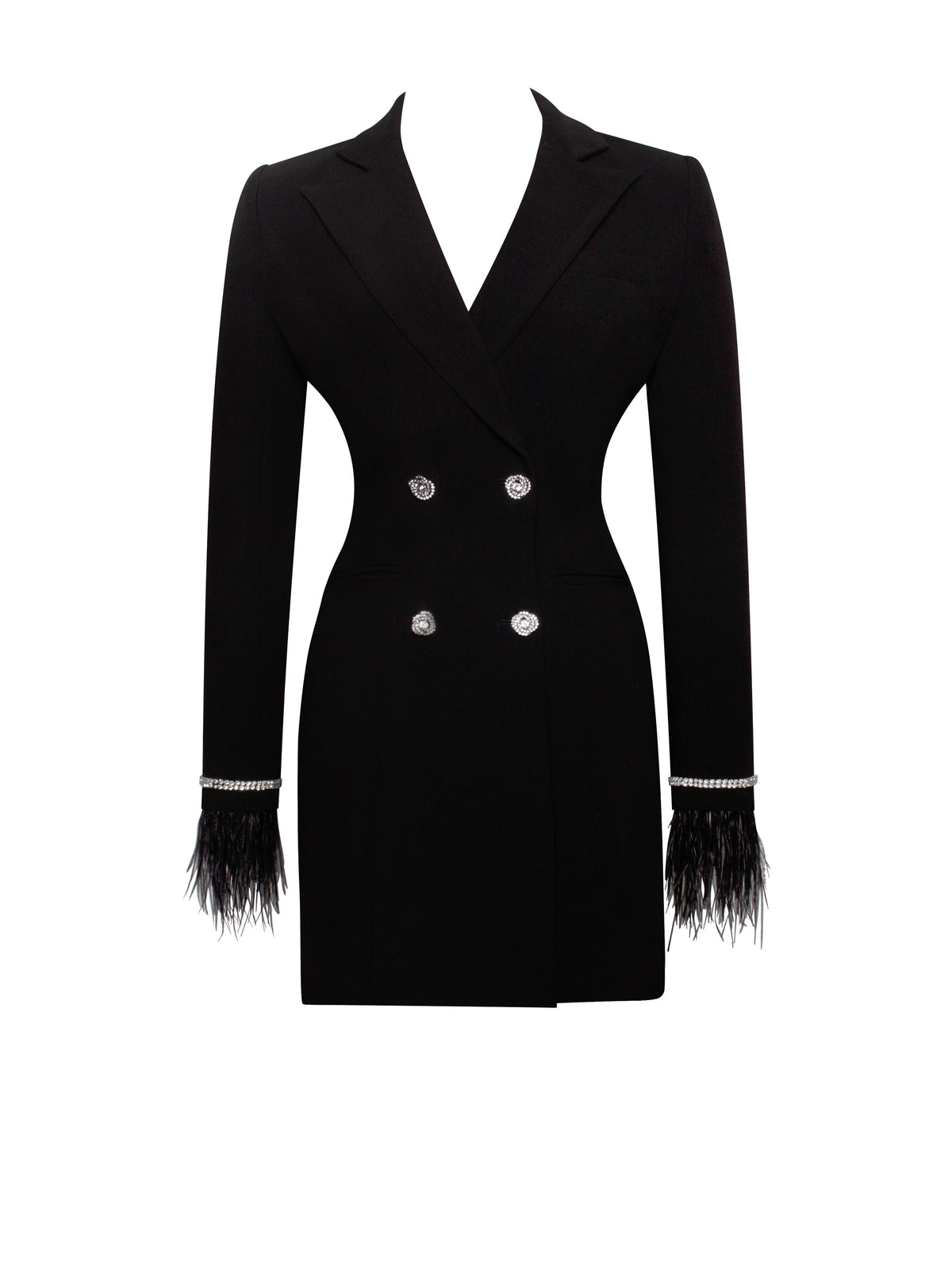 Quilla Black Feather Crystal Sleeve Backless Blazer Dress (Archive Sale)