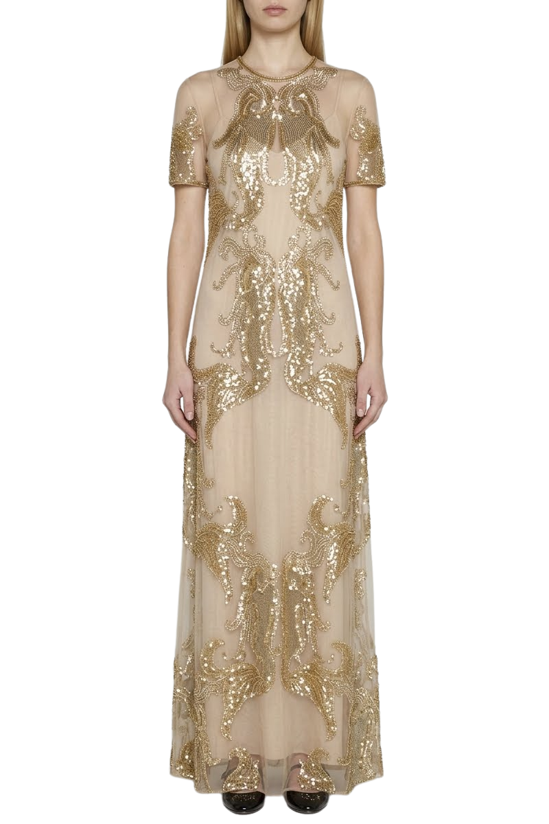 Valentino Baroque Sequin Mesh Maxi Dress Gold 4B0VDHV51ED_G70