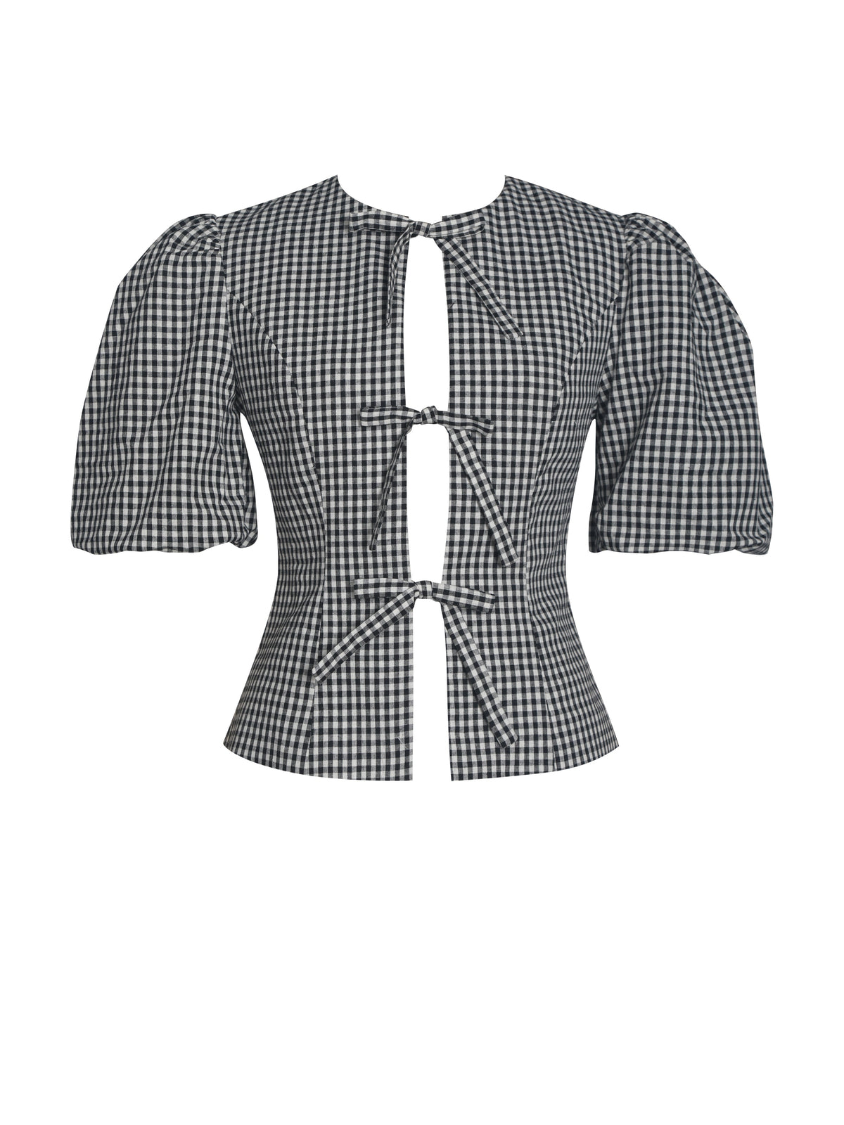 Qusayla Black Gingham Cotton Bubble Sleeve Bowtie Top