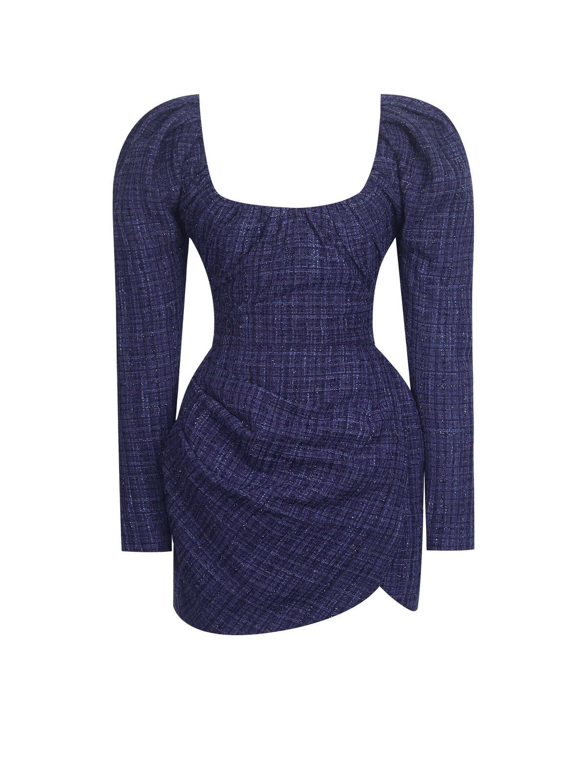 Denise Navy Tweed Ruched Puff Sleeve Mini Dress