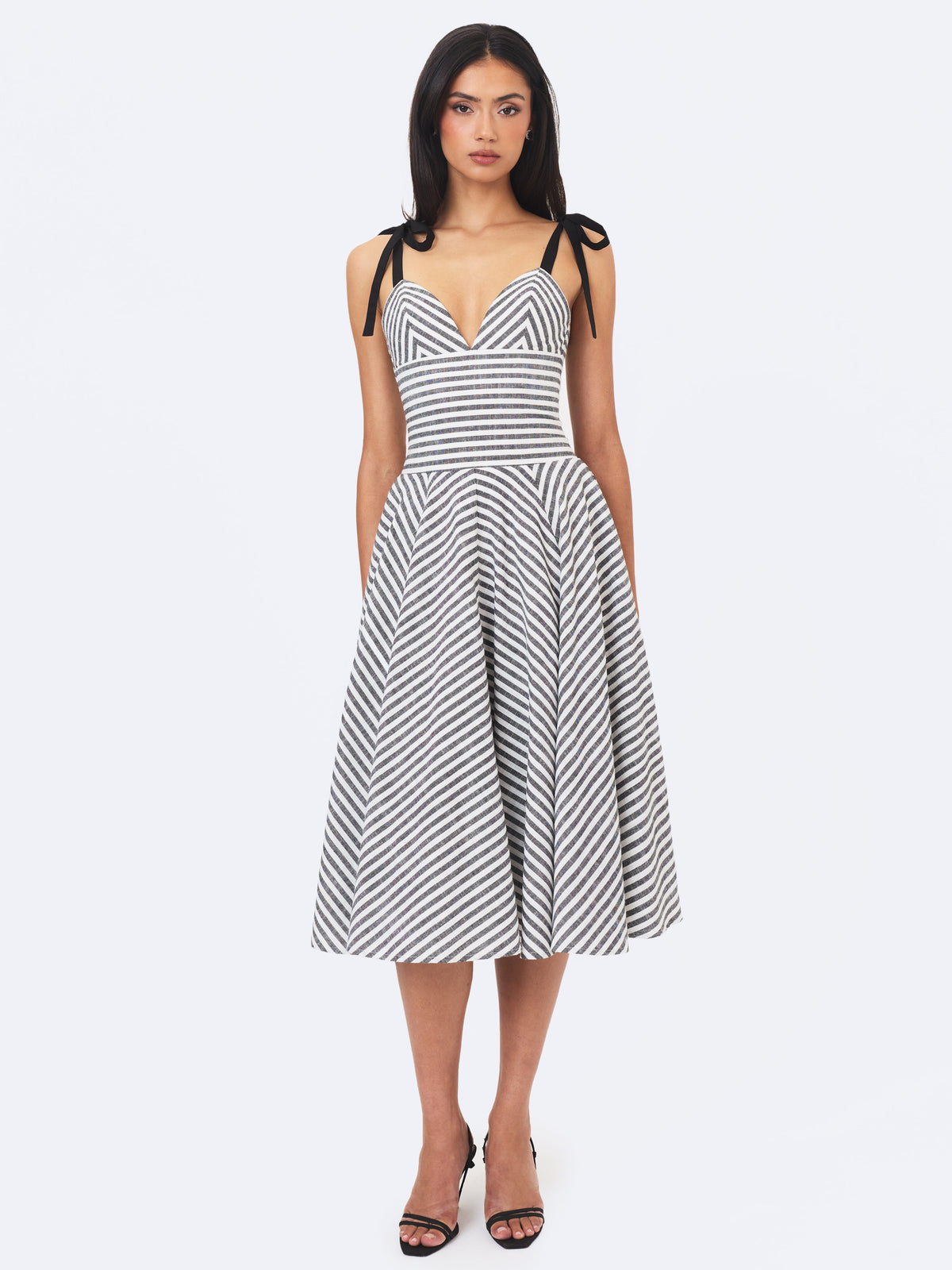 Riley Black & White Striped Linen Flared Midi Dress