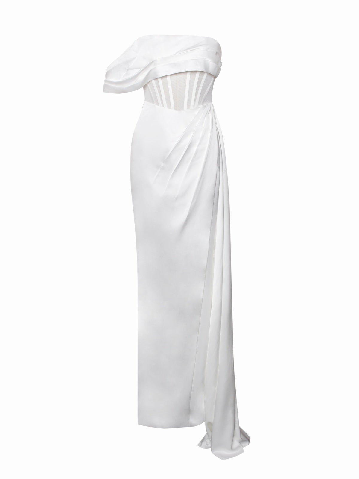 Rebeca White Satin High Slit Corset Gown (Archive Sale)