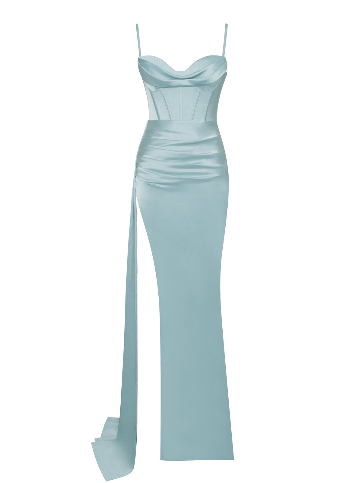 Elayna Pale Blue Strappy Satin Corset High Slit Gown (Archive Sale)