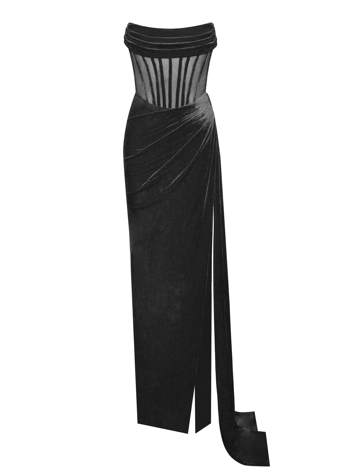 Priya Black Draping Corset High Slit Velvet Gown (Archive Sale)