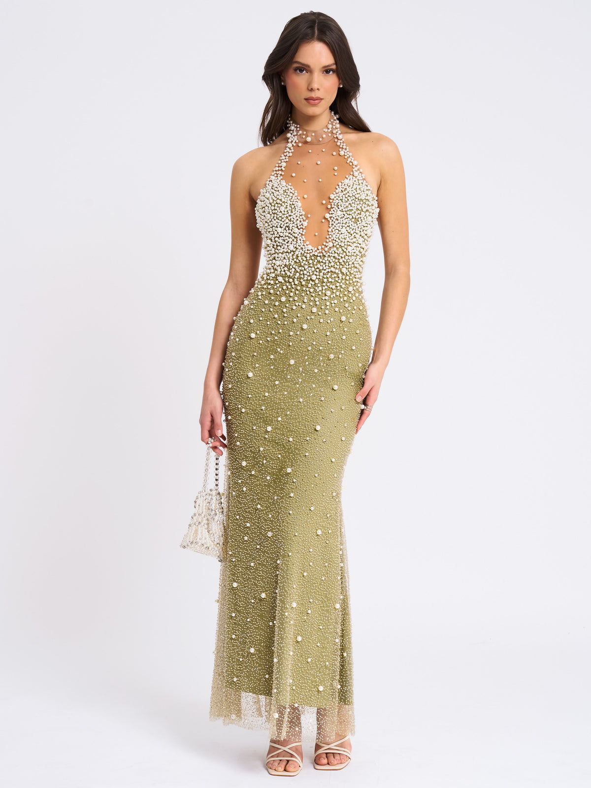 BBC Ginny Pear Green Pearl Embellished Backless Gown (Archive Sale)