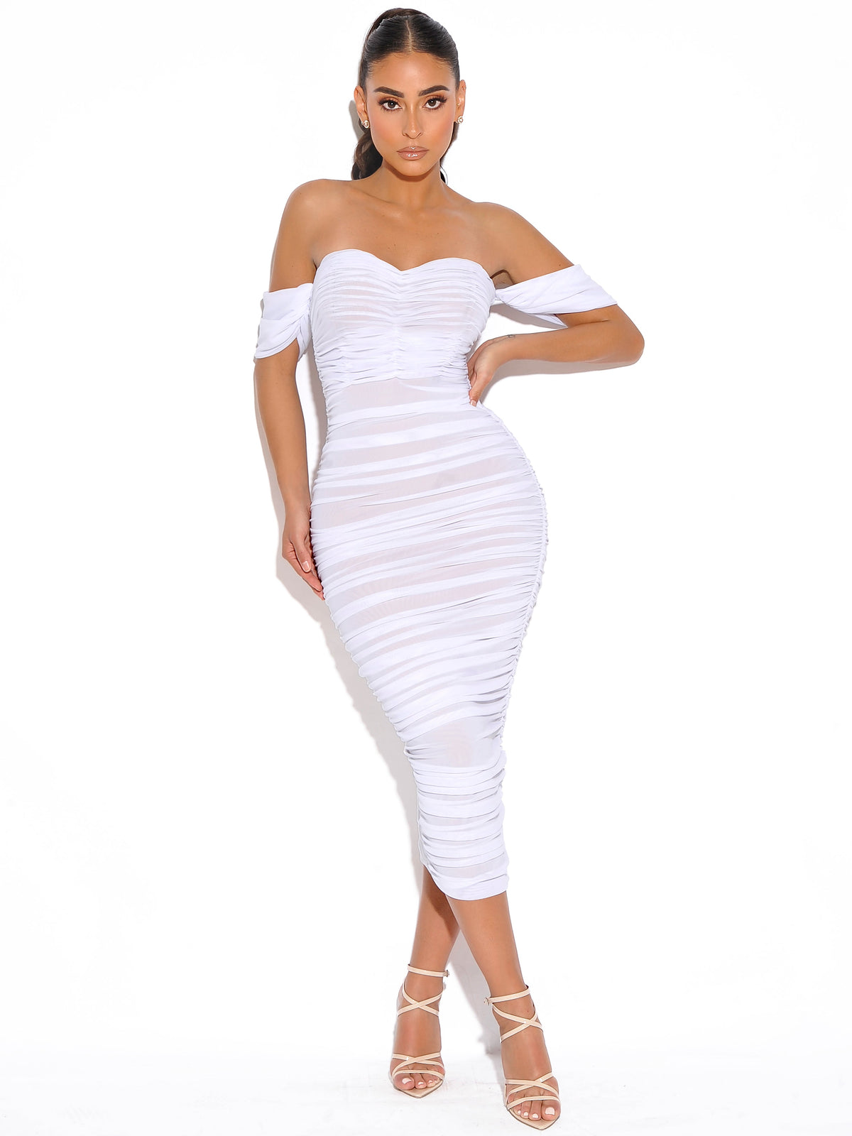 Quenby White Off Shoulder Mesh Maxi Dress (Archive Sale)