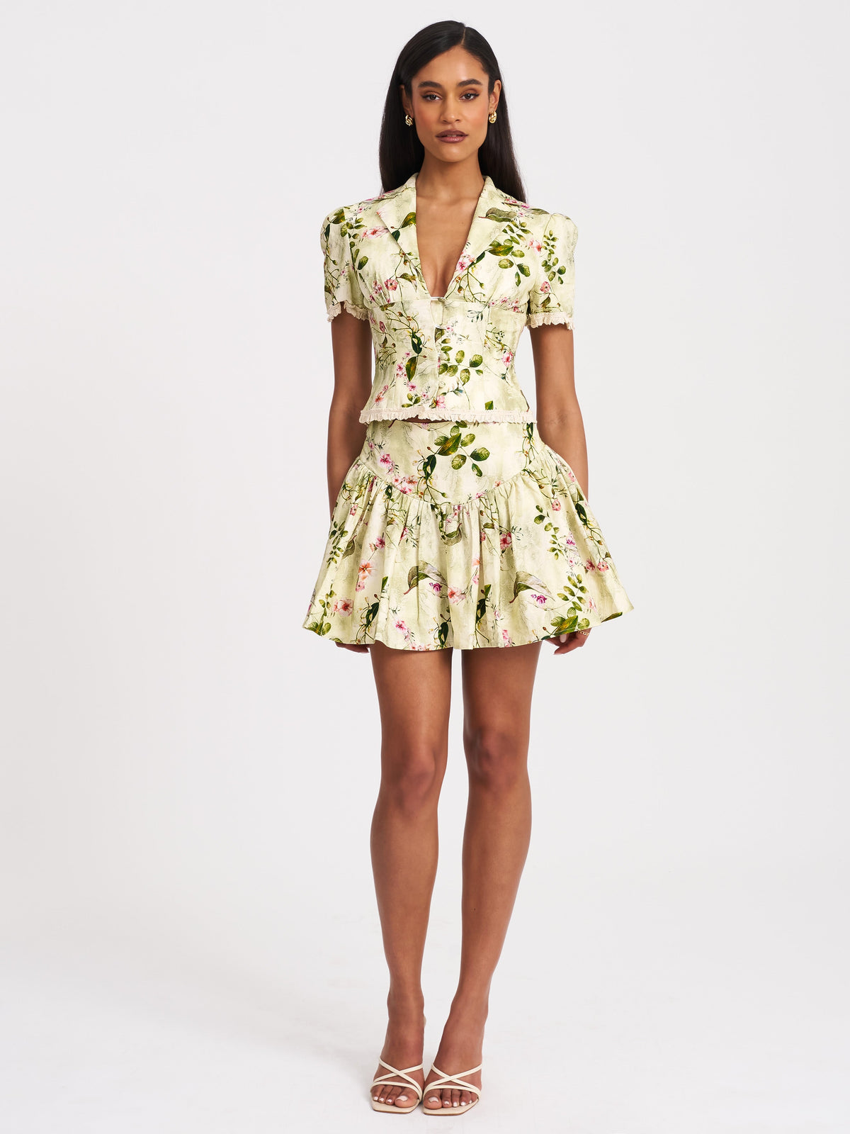 Zanelle Green Floral Print Drop Waist Linen Full Skirt
