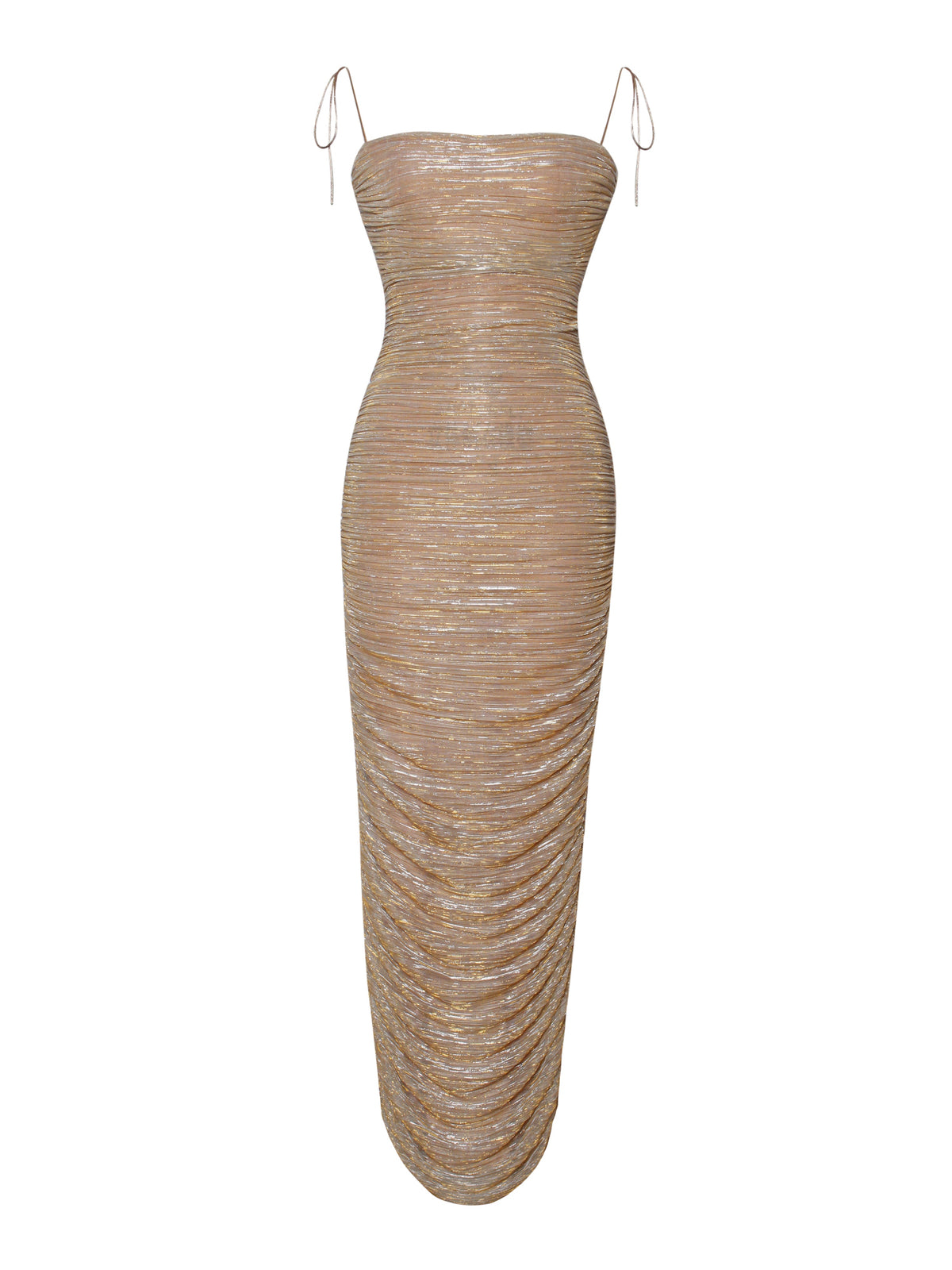 The Glint Gold Ruched Chiffon Long Maxi Dress - Miss Circle